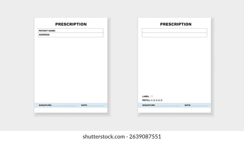 Template for prescription use by medical staff. includes patient details, label, refill options, signature.