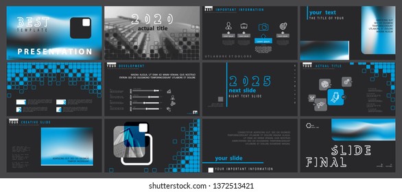 Template presentation. 2020. Business slide elements on a black background. Vector of infographic. Annotation, design. Use as a postcard, annual report, marketing, banner advertising, design services