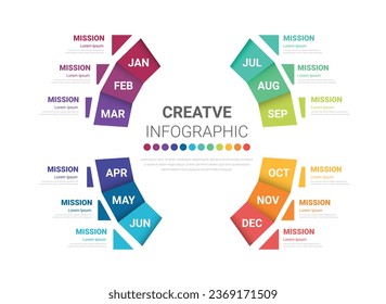 Presentación de plantilla 4 trimestre, presentación de calendario 12 meses, Línea de tiempo infográfica se puede utilizar para flujo de trabajo, diagrama de procesos, diagrama de flujo. Vector EPS.