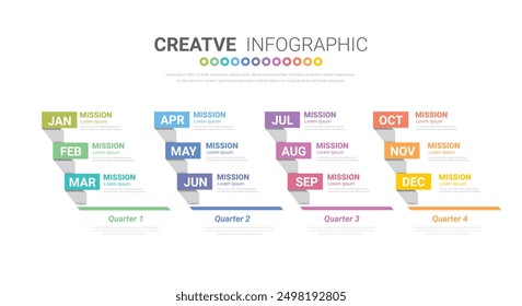 Presentación de Plantilla 4 trimestre, presentación de calendario 12 meses, línea de tiempo de infografía se puede utilizar para el flujo de trabajo, diagrama de proceso, diagrama de flujo. Vector EPS.