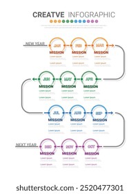 Presentación de Plantilla 4 trimestre, presentación de calendario 12 meses, línea de tiempo de infografía se puede utilizar para el flujo de trabajo, diagrama de proceso, diagrama de flujo. Vector EPS.