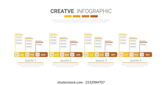 Presentación de Plantilla 4 trimestre, presentación de calendario 12 meses, línea de tiempo de infografía se puede utilizar para el flujo de trabajo, diagrama de proceso, diagrama de flujo. Vector EPS.