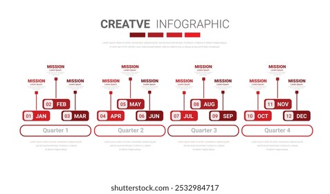 Presentación de Plantilla 4 trimestre, presentación de calendario 12 meses, línea de tiempo de infografía se puede utilizar para el flujo de trabajo, diagrama de proceso, diagrama de flujo. Vector EPS.