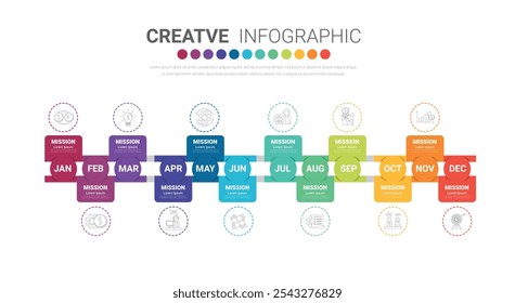 Presentación de Plantilla 4 trimestre, presentación de calendario 12 meses, línea de tiempo de infografía se puede utilizar para el flujo de trabajo, diagrama de proceso, diagrama de flujo. Vector EPS.