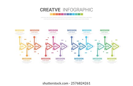 Template presentation 4 quarter, calendar presentation 12 months, Infographic Timeline can be used for workflow, process diagram, flow chart. EPS vector.