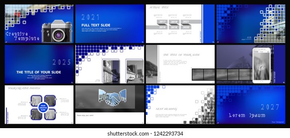 Template presentation. Blue squares, white background. Multipurpose template for slides, business infographics.Postcard,postcard, corporate report, marketing,advertising, annual report, camera digital