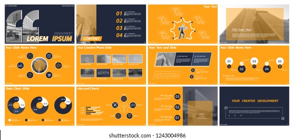 Template presentation. Blue white, yelow background. Multipurpose template for slides, business infographics. Urban photos. Postcard, corporate report, marketing, advertising, annual report, digital
