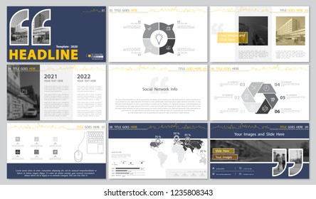 Template presentation. Blue, yellow. White background. Multipurpose template for slides, business infographics. Postcard, postcard,corporate report,marketing, advertising,annual report, digital,vector