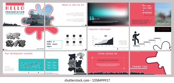 Template presentation. Elements, paint spots. Slide, red and turquoise, white background. Vector of infographic. Business information. Use as a postcard, annual report, marketing, advertising, banner