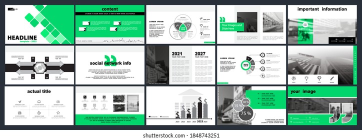 Presentación de plantilla. Diseño de rombo verde, fondo blanco. Plantilla multipropósito para diapositivas, infografías empresariales. Postcard, informe corporativo de volante, marketing, publicidad, informe anual, SEO