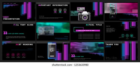 Template presentation. Photo from camera, phone. Multicolored black background. Multipurpose template for slides, business. Brochure Postcard, Cover, Marketing, Advertising, Report, Strip, Digital