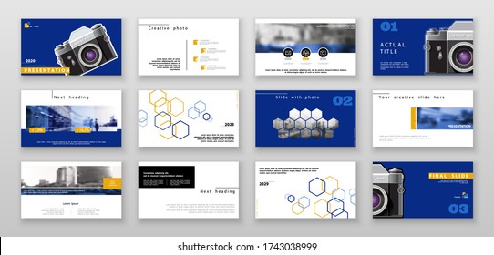 Template for presentation of photos from the camera. Blue, yellow design elements on white background. Business infographic. Use in leaflet, flyer, corporate report, marketing, banner, annual report