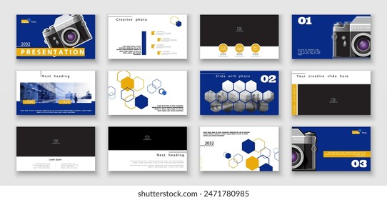 Template for presentation of photos from the camera. Blue, yellow design elements on white background. Business infographic. Use in leaflet, corporate report, powerpoint, banner, vector illustration