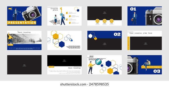 Fotos de presentación de Plantilla de la cámara. Elementos de diseño azules y amarillos sobre fondo blanco. Infografías de negocios. Un equipo de personas crea tecnologías. PowerPoint, Anuncios, Ilustración vectorial