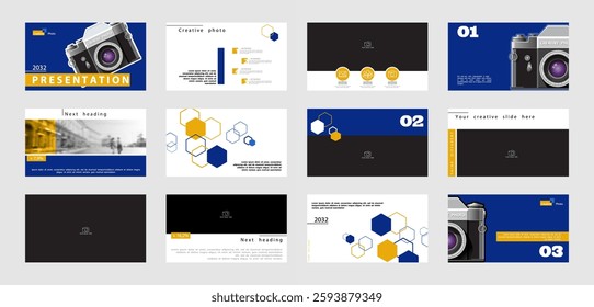 Template for presentation of photos from the camera. Blue, yellow design elements on white background. Business infographic. Use in leaflet, corporate report, powerpoint, banner, vector illustration
