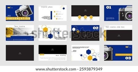 Template for presentation of photos from the camera. Blue, yellow design elements on white background. Business infographic. Use in leaflet, corporate report, powerpoint, banner, vector illustration
