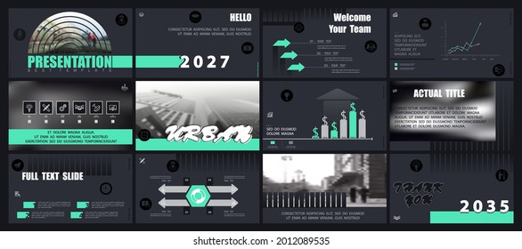 Template presentation, powerpoint,. Design elements green of infographics for business slides on a black background. Use as a postcard, annual report, marketing, banner advertising, services, Vector