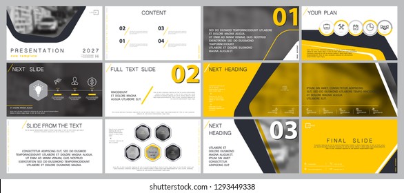 Template presentation. Yellow, black, white background. Multipurpose template for slides, business infographics. Postcard, brochure, corporate report, marketing, advertising, circle, text, digital
