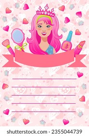 Template with pretty girl with pink hair and crown for birthday invitation, flyer, party, to do list. Pink aesthetic. Space for text. Vector illustration.