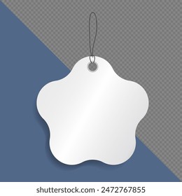 Template of price tag with blank space for text or price on transparent background. Mock up of white discount paper label, shopping card, promotion badge, sticker or gift tag with a string for hanging