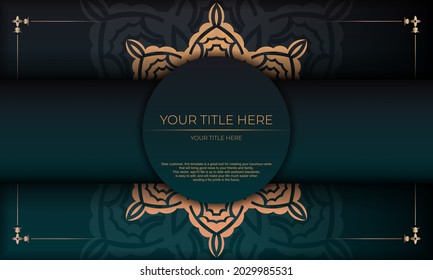 Template for print design invitation card with vintage ornament. Dark green background with luxurious vintage ornaments and place for your design.