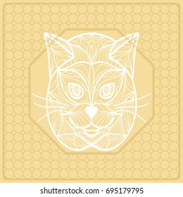 Template Print for Fabric. Pattern of cat face with Border. Vector illustration. Golden color. For Print Bandana, Nashnoy Shawl, Carpet