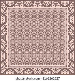 Template Print for Fabric. Pattern of floral geometric ornament with Border. illustration. Seamless. For Print Bandana, Shawl, Carpet.