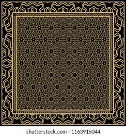 Template Print for Fabric. Pattern of floral geometric ornament with Border. illustration. Seamless. For Print Bandana, Shawl, Carpet.