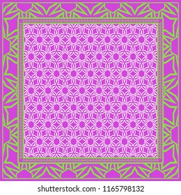 Template Print for Fabric. Pattern of floral geometric ornament with Border. illustration. Seamless. For Print Bandana, Shawl, Carpet