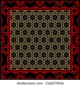 Template Print for Fabric. Pattern of floral geometric ornament with Border. illustration. Seamless. For Print Bandana, Shawl, Carpet