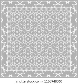 Template Print for Fabric. Pattern of floral geometric ornament with Border. illustration. Seamless. For Print Bandana, Shawl, Carpet