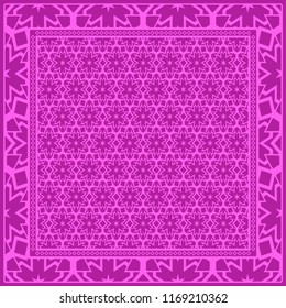 Template Print for Fabric. Pattern of floral geometric ornament with Border. illustration. Seamless. For Print Bandana, Shawl, Carpet