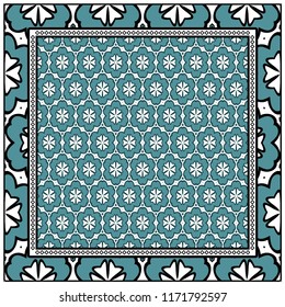 Template Print for Fabric. Pattern of floral geometric ornament with Border. illustration. Seamless. For Print Bandana, Shawl, Carpet.