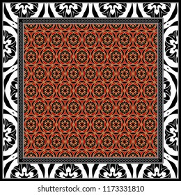 Template Print for Fabric. Pattern of floral geometric ornament with Border. illustration. Seamless. For Print Bandana, Shawl, Carpet.