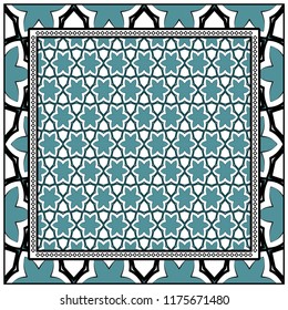 Template Print for Fabric. Pattern of floral geometric ornament with Border. illustration. Seamless. For Print Bandana, Shawl, Carpet.