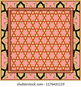Template Print for Fabric. Pattern of floral geometric ornament with Border. illustration. Seamless. For Print Bandana, Shawl, Carpet.