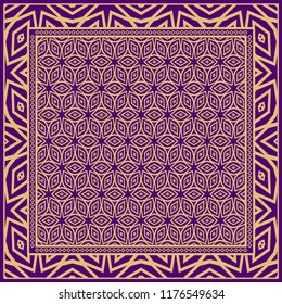 Template Print for Fabric. Pattern of floral geometric ornament with Border. illustration. Seamless. For Print Bandana, Shawl, Carpet