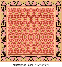 Template Print for Fabric. Pattern of floral geometric ornament with Border. illustration. Seamless. For Print Bandana, Shawl, Carpet.