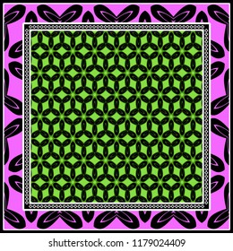 Template Print for Fabric. Pattern of floral geometric ornament with Border. illustration. Seamless. For Print Bandana, Shawl, Carpet.
