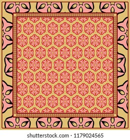 Template Print for Fabric. Pattern of floral geometric ornament with Border. illustration. Seamless. For Print Bandana, Shawl, Carpet.
