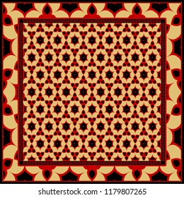 Template Print for Fabric. Pattern of floral geometric ornament with Border. illustration. Seamless. For Print Bandana, Shawl, Carpet.