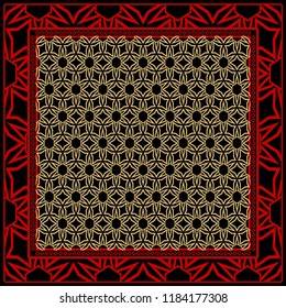 Template Print for Fabric. Pattern of floral geometric ornament with Border. illustration. Seamless. For Print Bandana, Shawl, Carpet