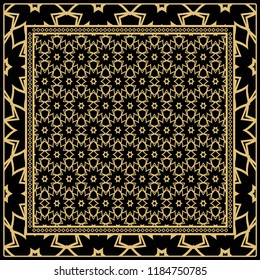 Template Print for Fabric. Pattern of floral geometric ornament with Border. illustration. Seamless. For Print Bandana, Shawl, Carpet