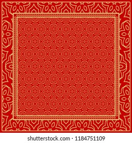 Template Print for Fabric. Pattern of floral geometric ornament with Border. illustration. Seamless. For Print Bandana, Shawl, Carpet