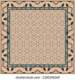Template Print for Fabric. Pattern of floral geometric ornament with Border. illustration. Seamless. For Print Bandana, Shawl, Carpet.