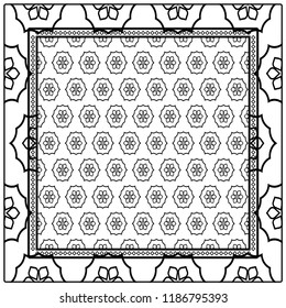 Template Print for Fabric. Pattern of floral geometric ornament with Border. illustration. Seamless. For Print Bandana, Shawl, Carpet.
