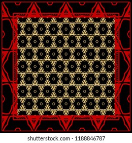 Template Print for Fabric. Pattern of floral geometric ornament with Border. illustration. Seamless. For Print Bandana, Shawl, Carpet.