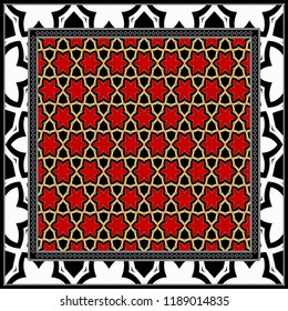 Template Print for Fabric. Pattern of floral geometric ornament with Border. illustration. Seamless. For Print Bandana, Shawl, Carpet.