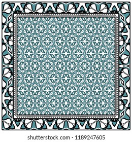 Template Print for Fabric. Pattern of floral geometric ornament with Border. illustration. Seamless. For Print Bandana, Shawl, Carpet.