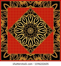 Template Print for Fabric. Pattern of floral geometric ornament with Border. illustration. Seamless. For Print Bandana, Shawl, Carpet.